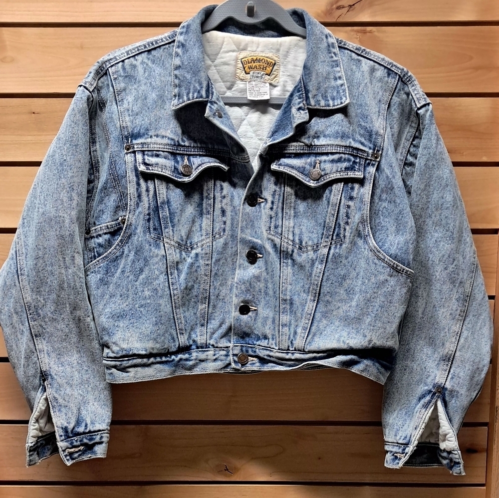 Vintage 1970's Diamond Wash Acid Washed Cropped Quilted Denim Jacket Size M